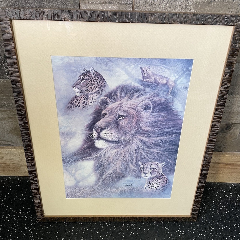 Ruane Manning Art Lion Cheetah Lynx Framed Behind Glass  Lithograph USA